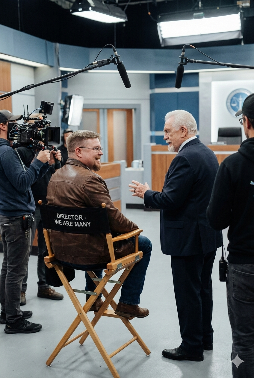 I asked Gemini to make an image of me directing a hypothetical film version of Dennis E. Taylor’s For We Are Many, where the scene is Minister Cranston is lecturing the camera as though he is talking to Bob. Apparently Cranston will be played by Brian Cox if many fans have their way. Not a bad choice.