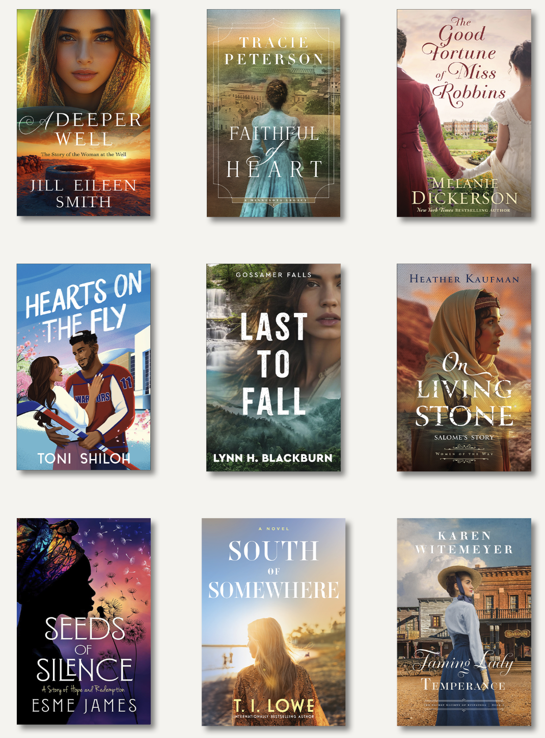 9 Christian fiction book covers, almost all appearing to be come kind of romance book for predominantly female readers.