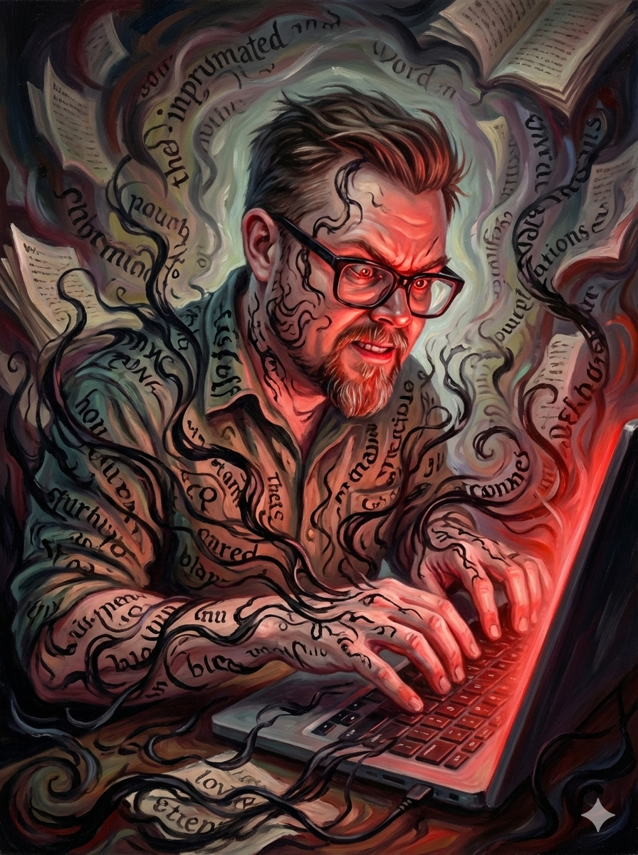 Gemini’s depiction: Jonathan Fashbaugh, a science fiction author, furiously types with devilish intensity, a red glow coming from the screen. His words corrupt him.