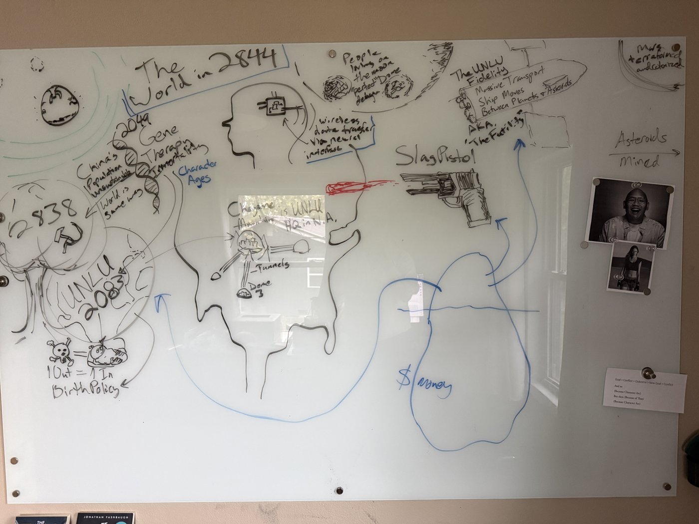 Jon's world-building whiteboard for Live and Impersonated, titled The World in 2844, covered in marker sketches of Earth, gene therapy, the UNLU, a Slag Pistol, and the Fidelity transport ship.