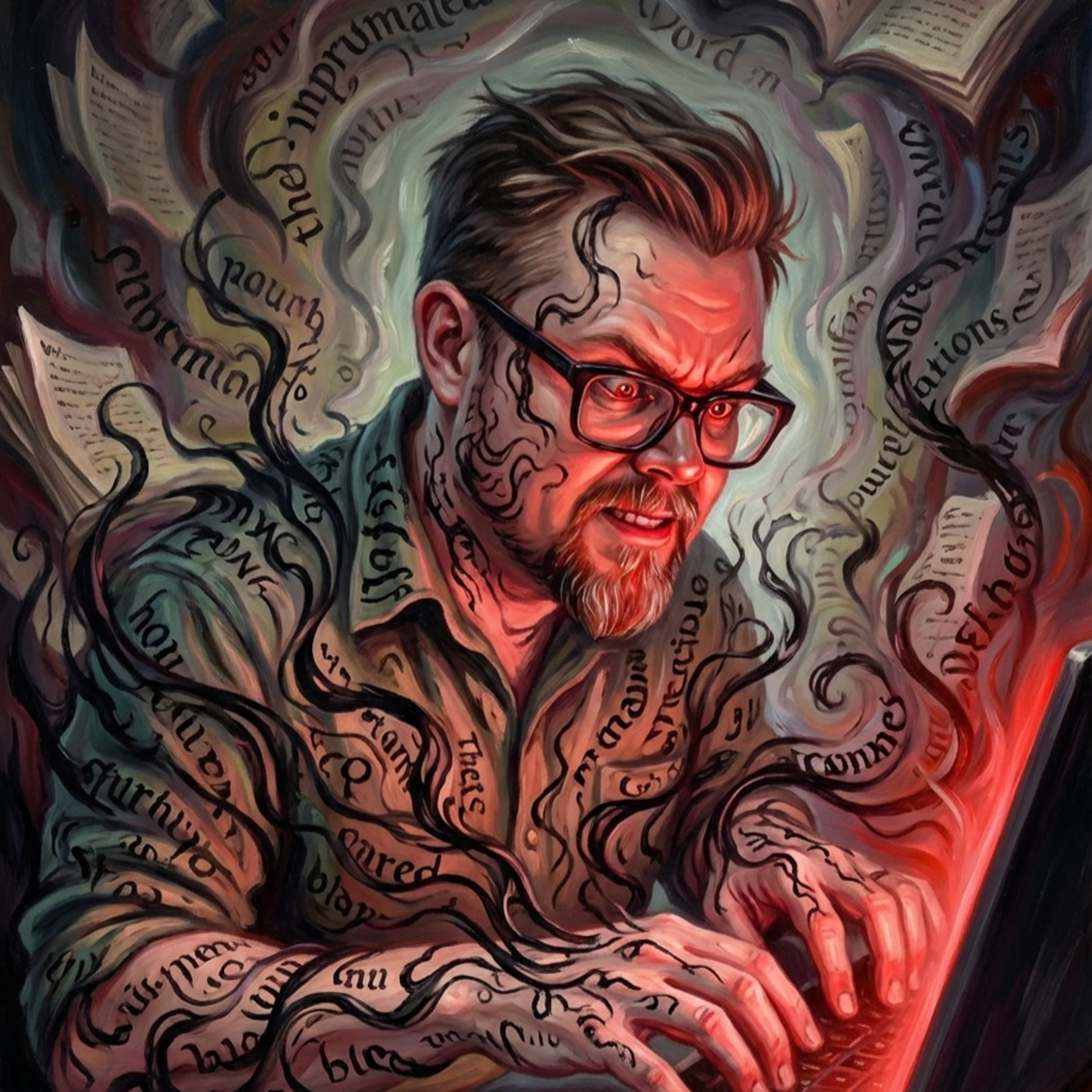 Gemini's AI generated depiction of Jonathan Fashbaugh, a science fiction author, furiously types with devilish intensity, a red glow coming from the screen.