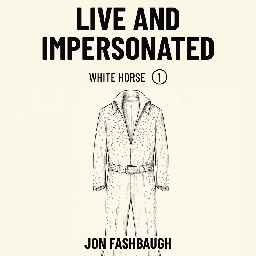 Cover of Live and Impersonated by Jon Fashbaugh. Black line-art of an empty rhinestone performance jumpsuit on a light field.